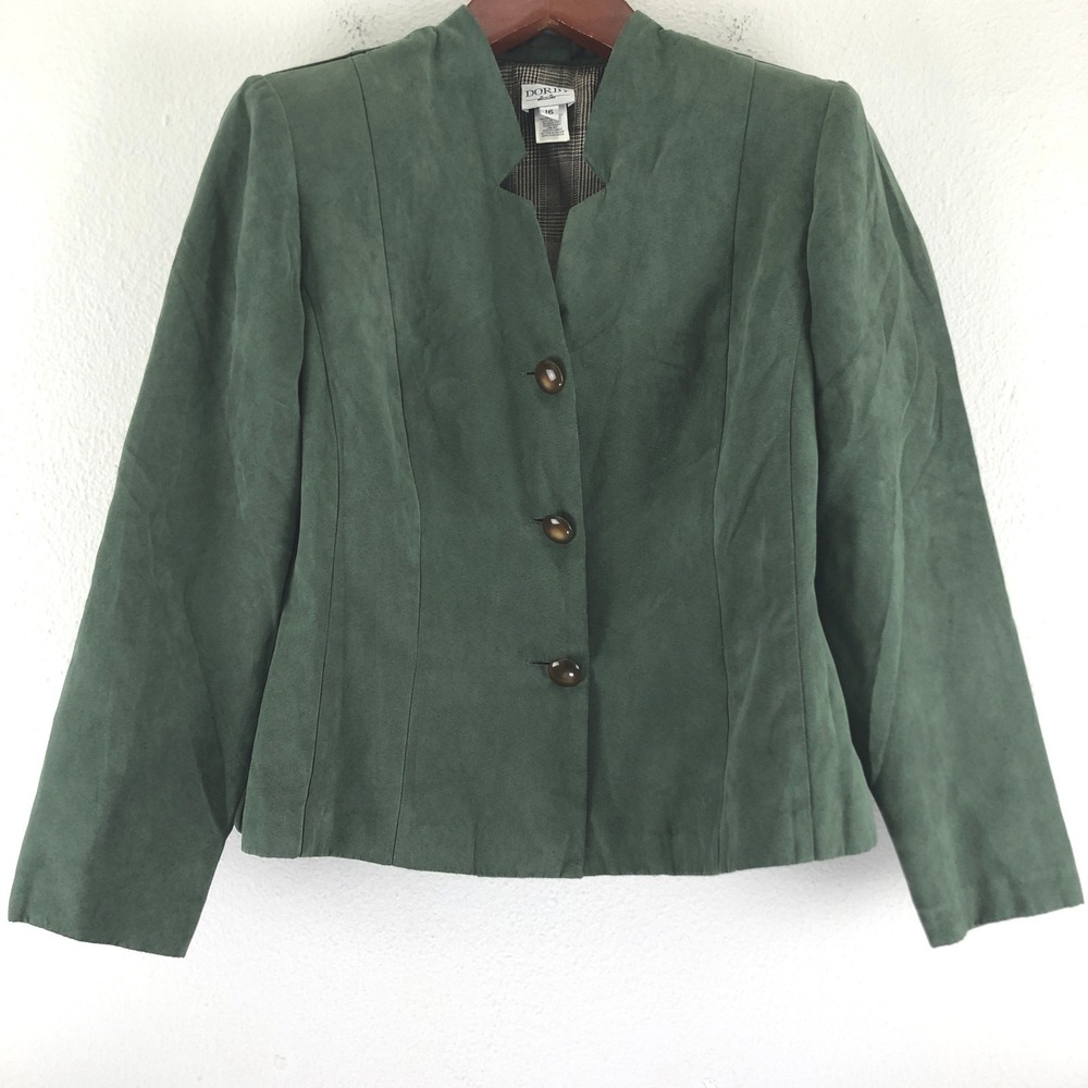 90s Vintage Dorby Women Green Faux Suede Blazer Jacket Size 16 Plaid Lining
